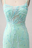 Load image into Gallery viewer, Green Mermaid Spaghetti Straps Sequins Long Prom Dress with Slit