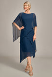 Navy Chiffon A-line Boat Neck Midi Choir Dress