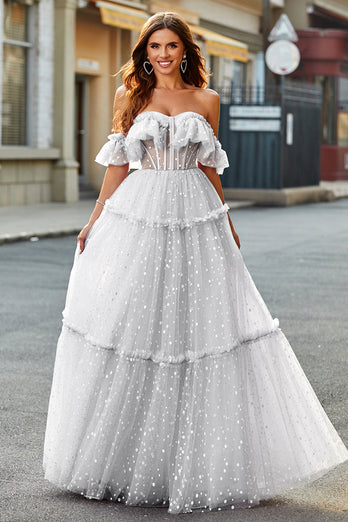 Ivory A-Line Off the Shoulder Tulle Wedding Dress