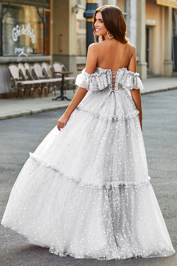 Ivory A-Line Off the Shoulder Tulle Wedding Dress