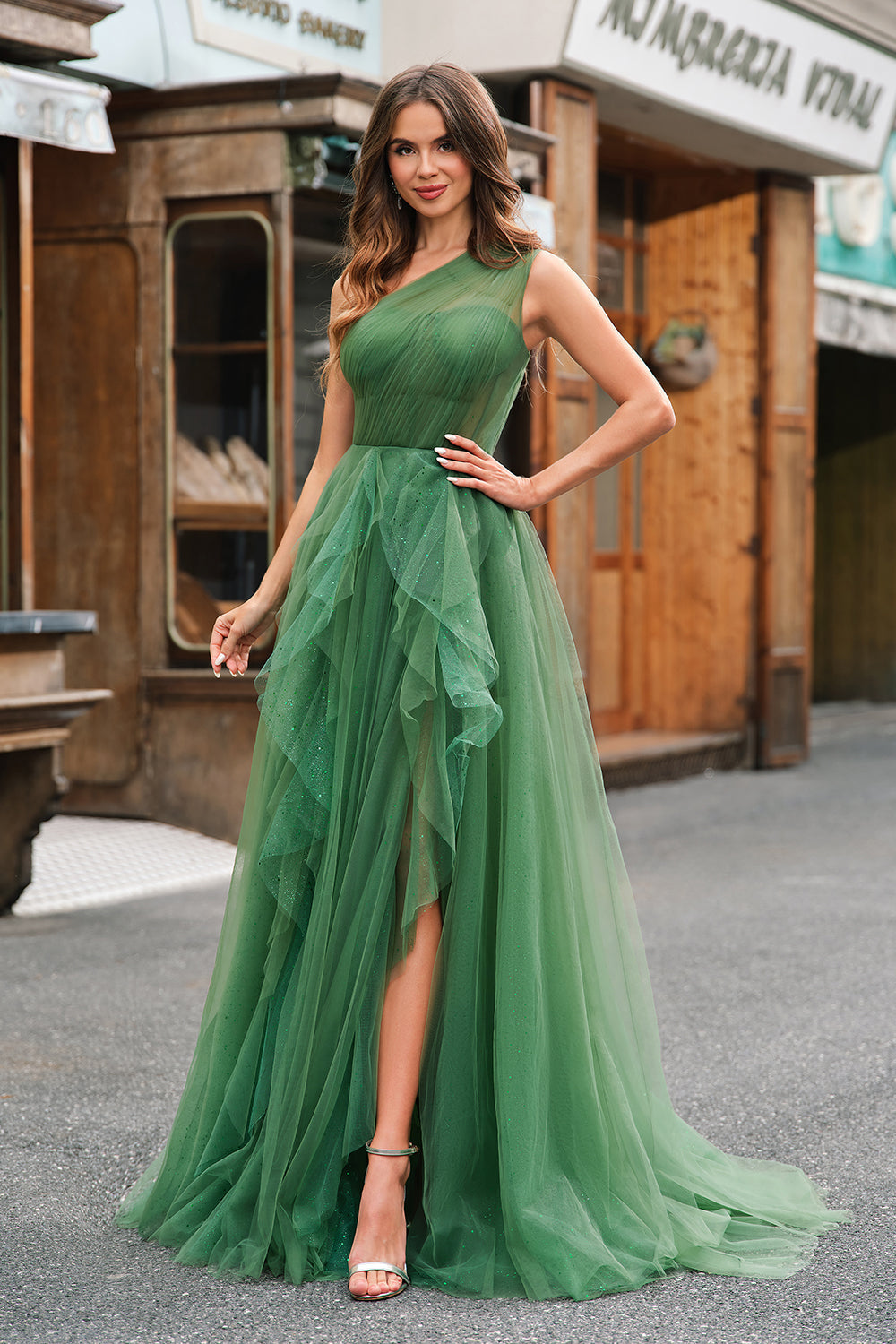 ZAPAKA Women Dark Green Prom Dress with Slit A-Line One-Shoulder Long Tulle Evening Dress ZAPAKA UK ZAPAKA Women Dark Green Prom Dress with Slit A-Line One-Shoulder Long Tulle Evening Dress ZAPAKA UK