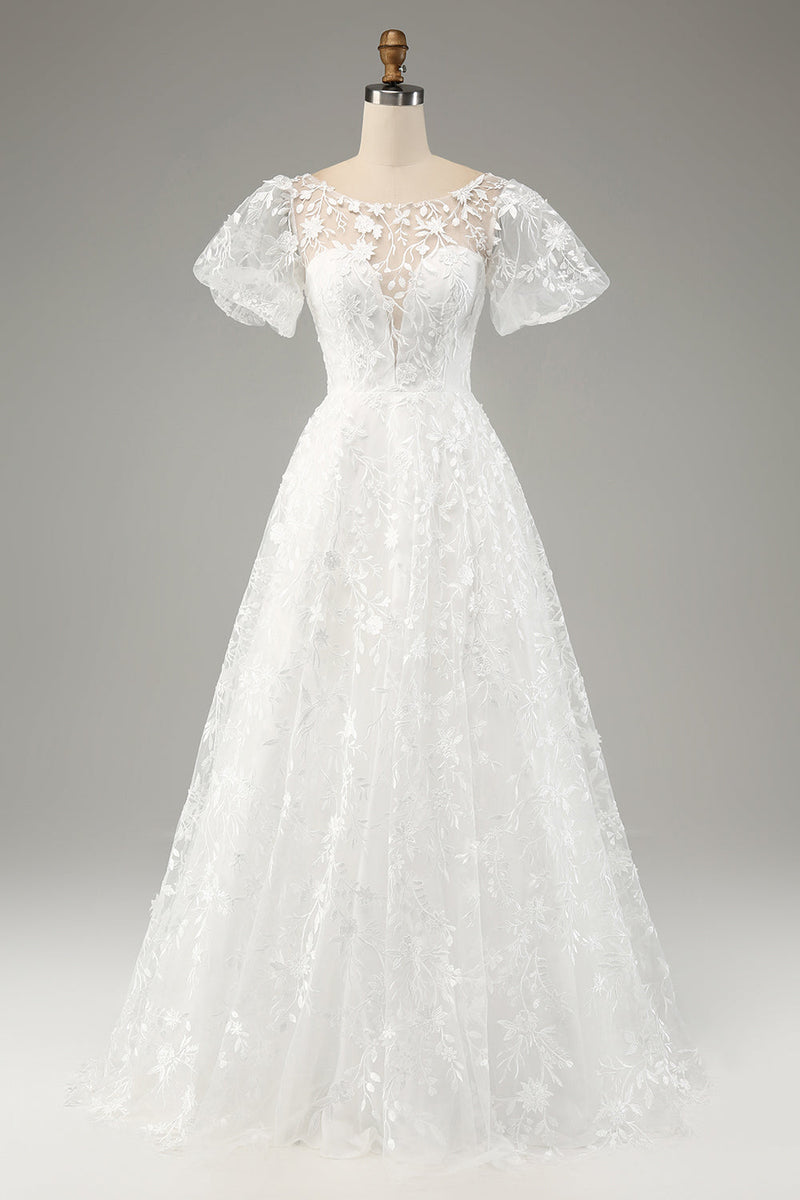 Load image into Gallery viewer, Ivory A-Line Puff Sleeves Wedding Dress with Appliques