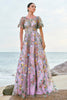 Load image into Gallery viewer, Mauve Ball-Gown/Princess Long Embroidered Prom Dress with Short Sleeves