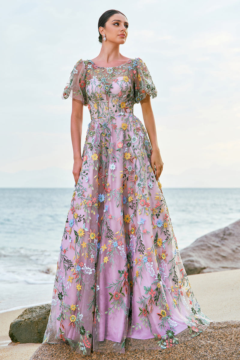 Load image into Gallery viewer, Mauve Ball-Gown/Princess Long Embroidered Prom Dress with Short Sleeves