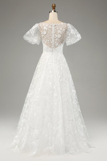 Ivory A-Line Puff Sleeves Wedding Dress with Appliques