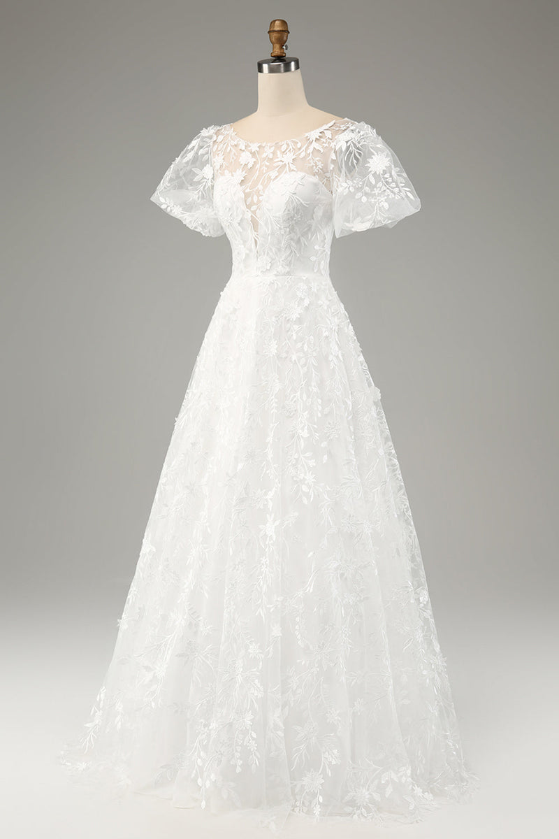 Load image into Gallery viewer, Ivory A-Line Puff Sleeves Wedding Dress with Appliques