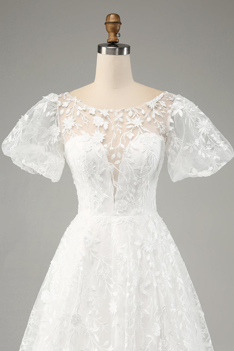 Load image into Gallery viewer, Ivory A-Line Puff Sleeves Wedding Dress with Appliques