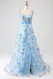 Gorgeous Sky Blue A Line Spaghetti Straps Long Prom Dress with 3D Flowers
