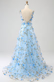 Gorgeous Sky Blue A Line Spaghetti Straps Long Prom Dress with 3D Flowers