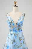 Gorgeous Sky Blue A Line Spaghetti Straps Long Prom Dress with 3D Flowers