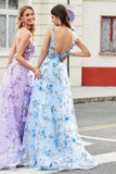 Gorgeous Sky Blue A Line Spaghetti Straps Long Prom Dress with 3D Flowers