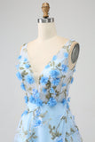 Gorgeous Sky Blue A Line Spaghetti Straps Long Prom Dress with 3D Flowers
