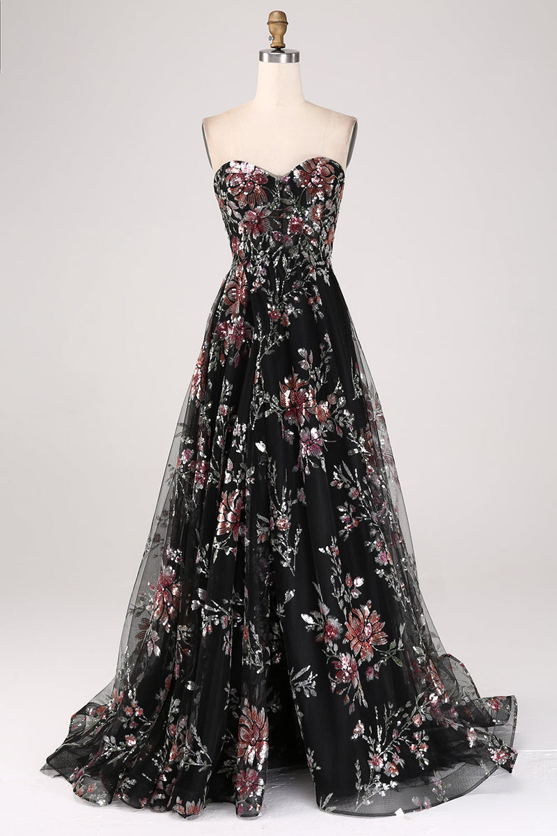 Load image into Gallery viewer, Black A-Line Flower Sequins Long Corset Prom Dress