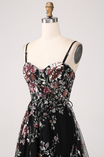 Black A-Line Flower Sequins Long Corset Prom Dress