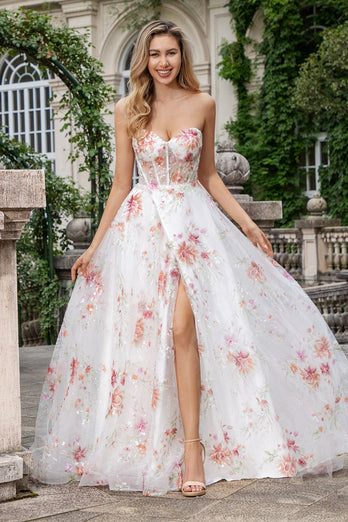 Ivory Flower Embroidered Long Corset Prom Dress with Slit