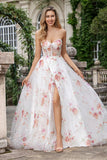 Ivory Flower A Line Sweetheart Embroidered Corset Long Prom Dress with Slit