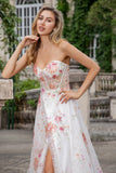 Ivory Flower A Line Sweetheart Embroidered Corset Long Prom Dress with Slit