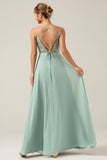 A-Line Spaghetti Straps Backless Matcha Bridesmaid Dress
