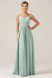A-Line Spaghetti Straps Backless Matcha Bridesmaid Dress