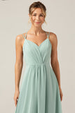A-Line Spaghetti Straps Backless Matcha Bridesmaid Dress