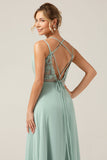 A-Line Spaghetti Straps Backless Matcha Bridesmaid Dress