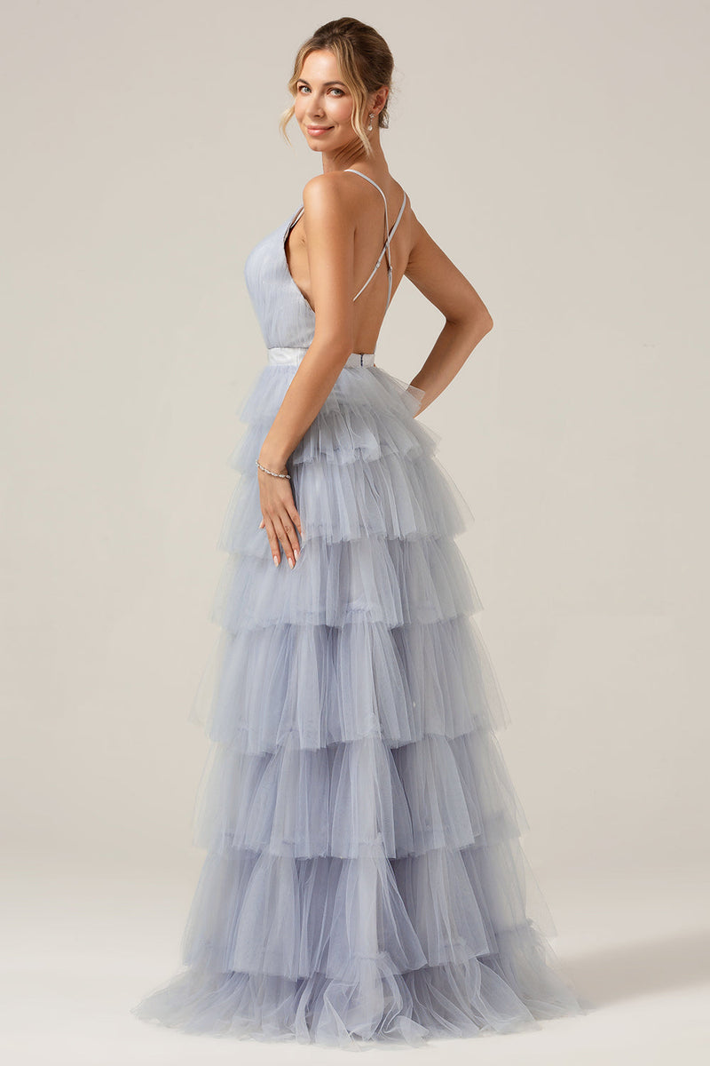 Load image into Gallery viewer, Grey Blue A Line Tiered Tulle Prom Dress