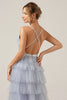 Load image into Gallery viewer, Grey Blue A Line Tiered Tulle Prom Dress