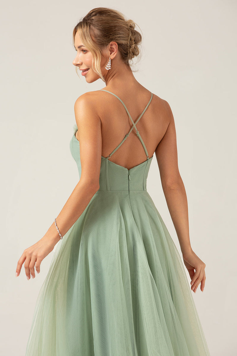 Load image into Gallery viewer, A-Line Tea-Length Corset Tulle Matcha Bridesmaid Dress