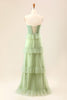 Load image into Gallery viewer, A-Line Strapless Matcha Tiered Long Bridesmaid Dress with Ruffles