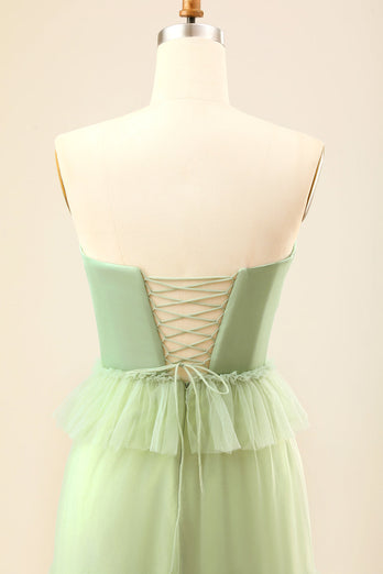 A-Line Strapless Matcha Tiered Long Bridesmaid Dress with Ruffles