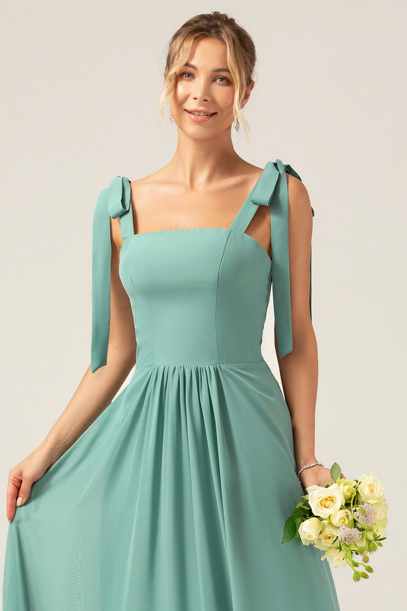 Load image into Gallery viewer, A Line Eucalyptus Chiffon Long Bridesmaid Dress with Pleated