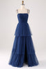 Load image into Gallery viewer, A Line Spaghetti Straps Tiered Tulle Pleated Prom Dress with Slit