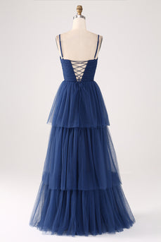 A Line Spaghetti Straps Tiered Tulle Pleated Prom Dress with Slit