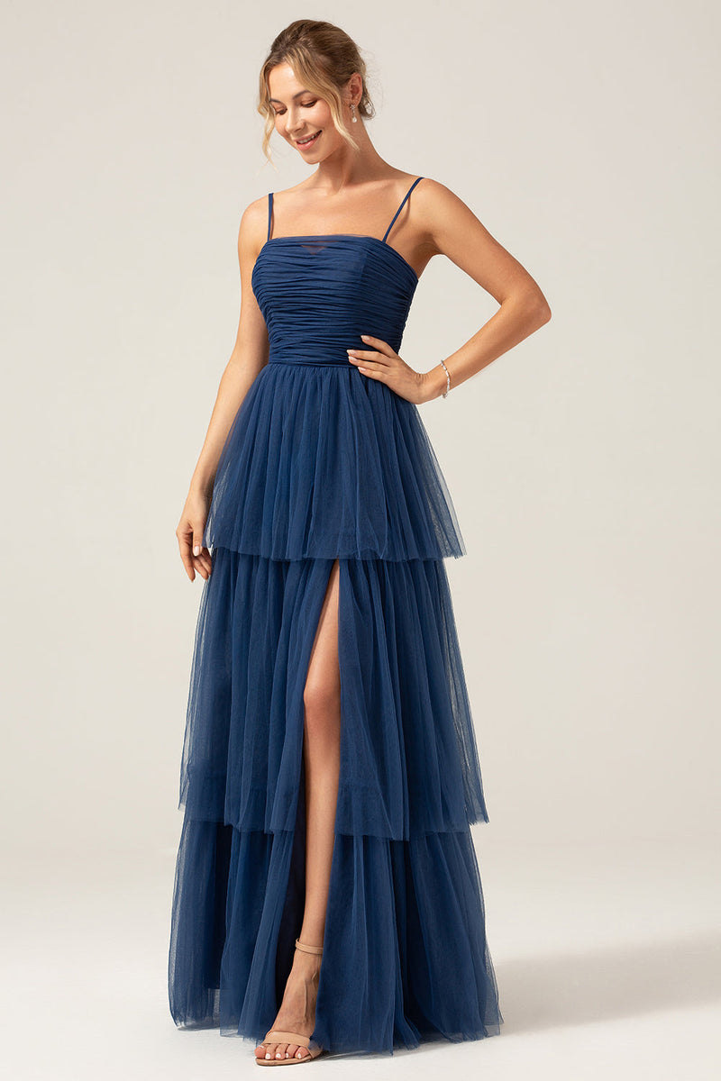 Load image into Gallery viewer, A Line Spaghetti Straps Tiered Navy Tulle Pleated Prom Dress with Slit