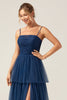 Load image into Gallery viewer, A Line Spaghetti Straps Tiered Navy Tulle Pleated Prom Dress with Slit