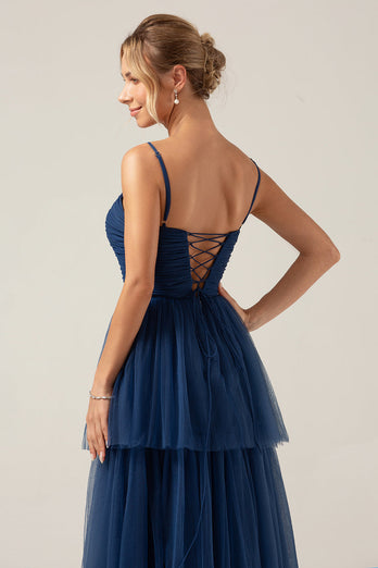 A Line Spaghetti Straps Tiered Navy Tulle Pleated Prom Dress with Slit