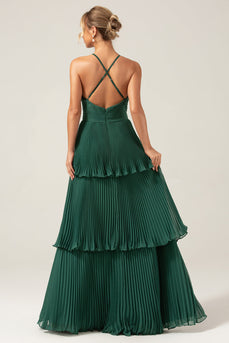 A-Line Tiered Chiffon Dark Green Long Bridesmaid Dress with Pleated