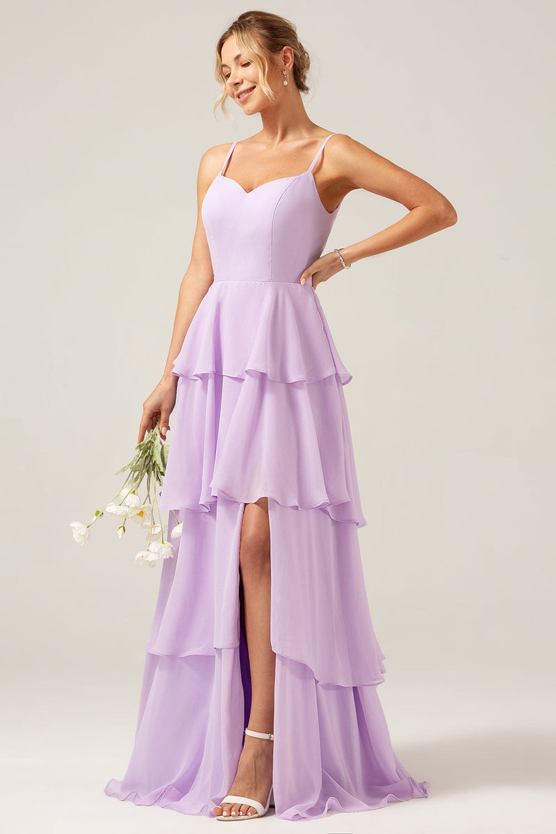 Load image into Gallery viewer, Lilac A Line Spaghetti Straps Tiered Chiffon Bridesmaid Dress with Slit