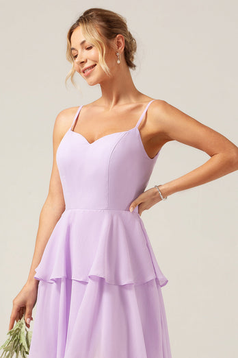 Lilac A Line Spaghetti Straps Tiered Chiffon Bridesmaid Dress with Slit