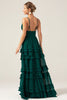 Load image into Gallery viewer, Dark Green A Line Spaghetti Straps Tiered Prom Dress with Pleated