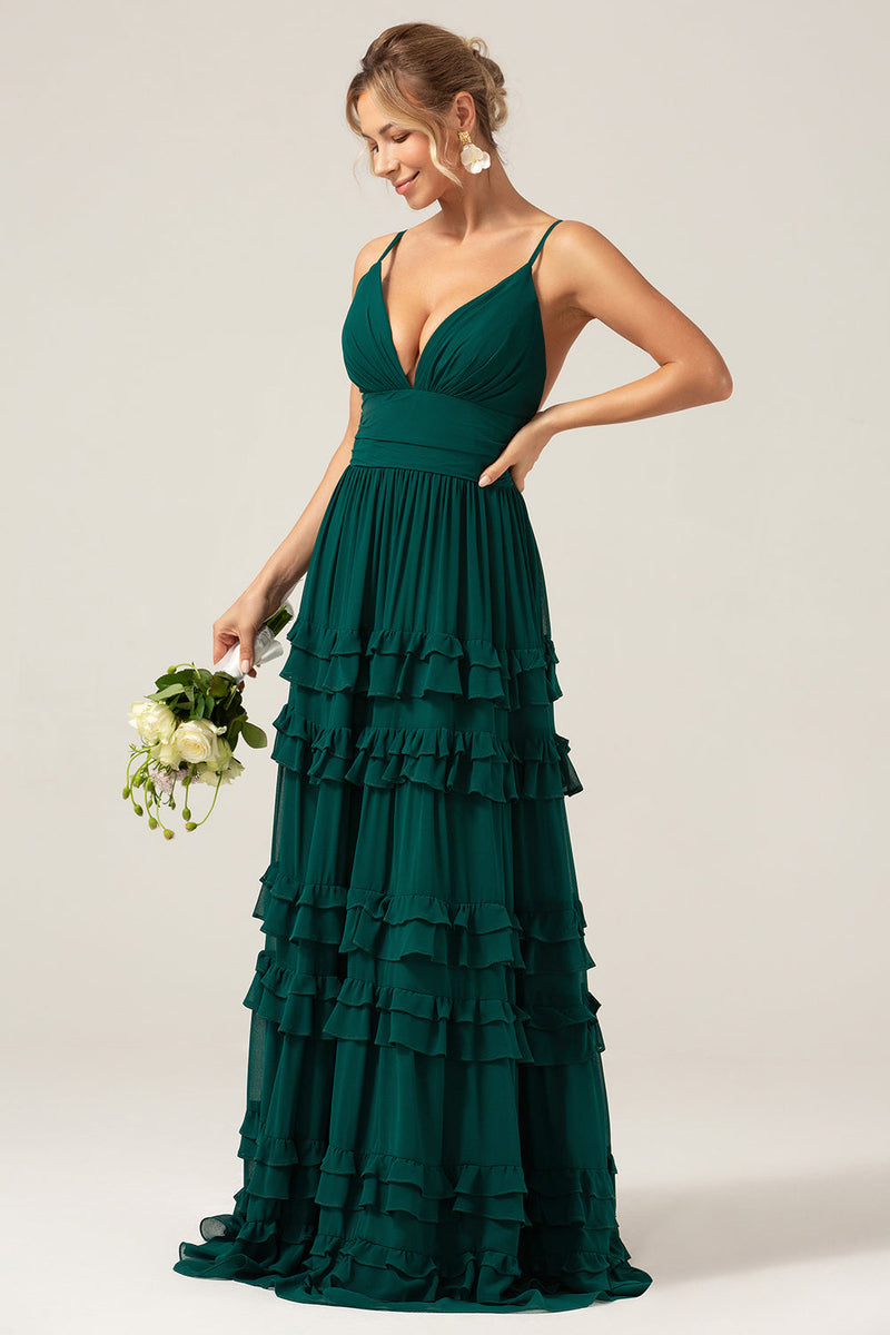 Load image into Gallery viewer, Dark Green A Line Spaghetti Straps Tiered Prom Dress with Pleated