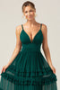 Load image into Gallery viewer, Dark Green A Line Spaghetti Straps Tiered Prom Dress with Pleated