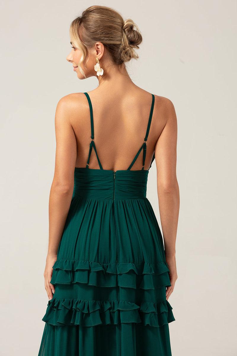 Load image into Gallery viewer, Dark Green A Line Spaghetti Straps Tiered Prom Dress with Pleated