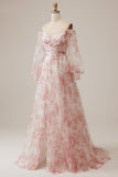 Ivory Flower A Line Off the Shoulder Pleated Floral Wedding Dress with Long Sleeves