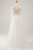 Elegant Ivory A Line Backless Long Sleeves Wedding Dress with Lace
