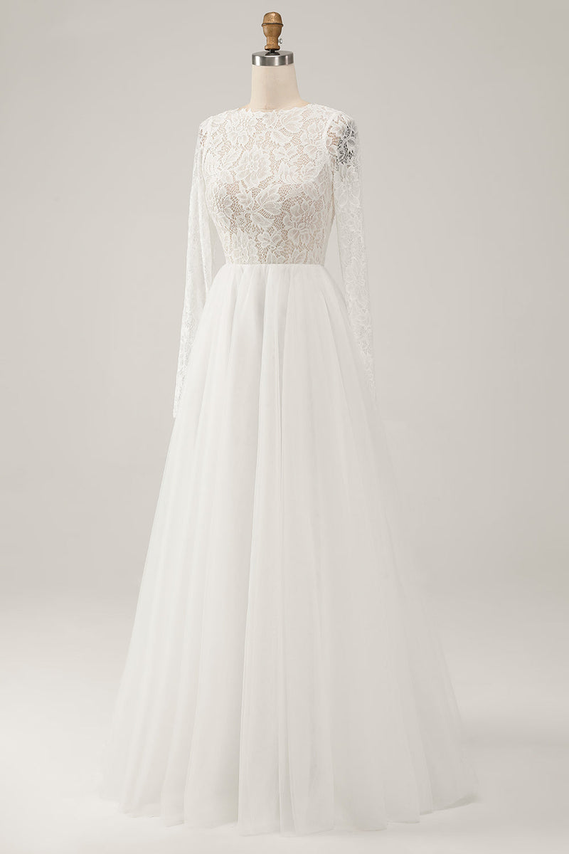 Load image into Gallery viewer, Elegant Ivory A Line Backless Long Sleeves Wedding Dress with Lace