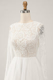 Elegant Ivory A Line Backless Long Sleeves Wedding Dress with Lace