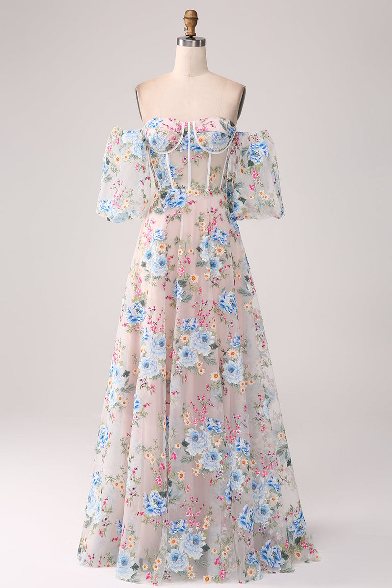 Load image into Gallery viewer, A-Line Apricot Flower Off the Shoulder Long Corset Prom Dress