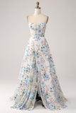 White Blue Flower A Line Sweetheart Corset Long Prom Dress with Slit