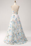 White Blue Flower A Line Sweetheart Corset Long Prom Dress with Slit